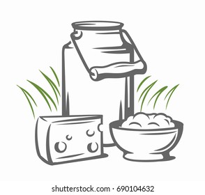 Milk cans with grass country style vector sketch