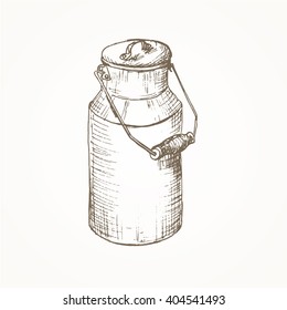 Milk Cans Sketch. Farm Jar. Vintage Container Vector Illustration. Dairy. Hand Drawn 