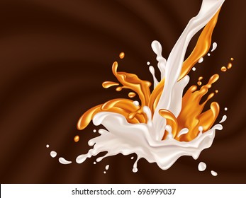 Milk and caramel flow. Realistic falling drops and splash against a background of waves of chocolate. Vector illustration.