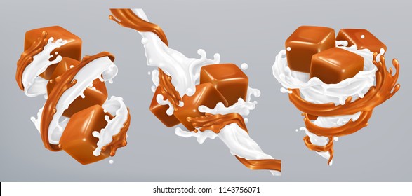 Salpicos de leite e caramelo, vector realista 3d