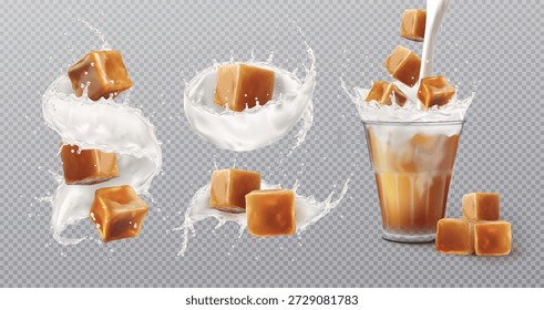 Caramelo de leite. Salpicos em vidro. Cubo de bebida látea condensada. Pedaços de café em creme. Sobremesa de iogurte. Cubos de doces líquidos com gotículas. Molho 3D realista. Conjunto de elementos de confeitaria vetoriais exatos