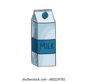 Milk cardboard box vector icon isolated, hand drawn sketch of natural drink in container, template for menu, healhty diet infographics, sticker, flyer, package