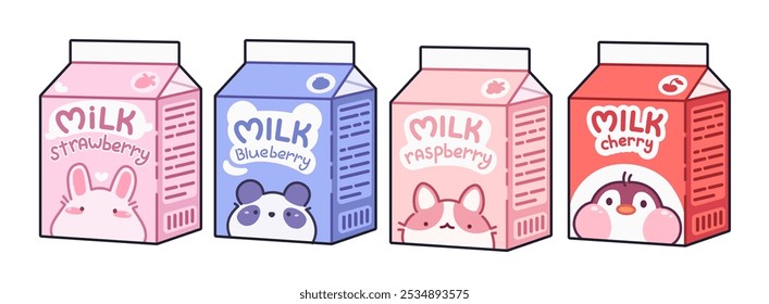 Paquete de cartón de leche con sabor a frutas y bayas y Imagen de caracteres animales kawaii. Producto de los niños lácteos del Vector de la historieta con el conejito divertido lindo y el oso panda, cara del gato y del pingüino en caja del cartón