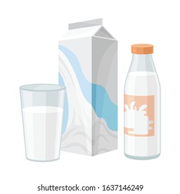 Milk in Carton and Bottle with Glass Standing Beside It Vector Dairy Product Composition