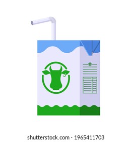 Milk Carton Box with Drinking Straw Isolated Icon on White Background. Flat style template of milk small cardboard pack with tube in white, blue and green colors for logo, menu, web, stickers, prints