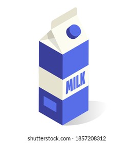 Milk carton box with plastic cap isometric icon. Dairy product cardboard packaging template. Paper container for liquid food, drink. Vector illustration isolated on white background.