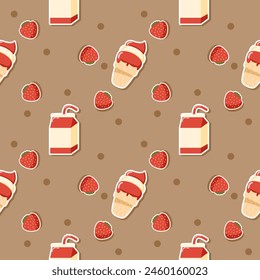 Milk carton cartoon so cute. On ice cream strawberry brown background. Pattern seamless vector illustration. 
