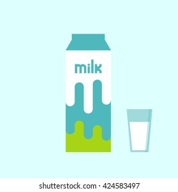  Milk carton with gable top package. Glass of milk. Vector illustration of fresh natural milk