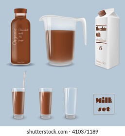 Milk Carton With Glass. Bottle Of Chocolate Milk And Jug. Vector Illustration