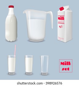 Milk carton and glass of milk. Bottle of milk and jug. Vector illustration