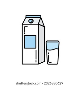Milk carton with glass. Milk in package: carton. Element for design dairy products, logo farm, grocery store, health food, etc. Vector flat design illustration.
