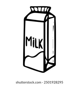 Milk carton hand drawn doodle. Warm drink before bed. Vector outline line art illustration.