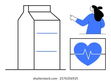 A milk carton and a heart with a heartbeat line are highlighted by a woman in blue. Ideal for health, nutrition, dairy benefits, heart health, and dietary awareness themes. Minimalist vector style