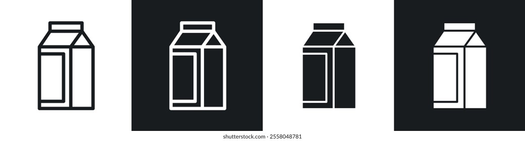 Milk carton icons pack in black and white filled and outlined versions.