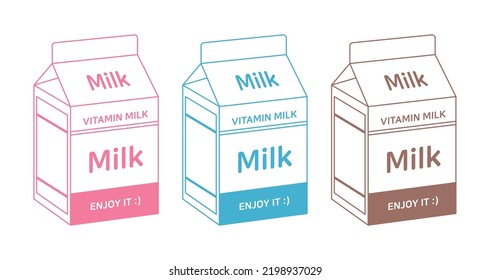 Milk carton illustration set. Milk, strawberry milk, chocolate milk.