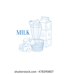 Milk Carton, Milkshake And Cookies Hand Drawn Realistic Sketch