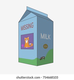 Milk carton with missing cat. Flat vector illustration