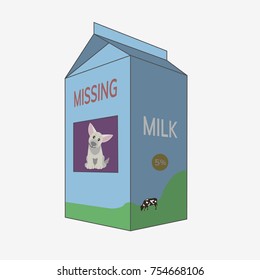 Milk carton with missing dog. Flat vector illustration