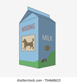 Milk carton with missing dog. Flat vector illustration