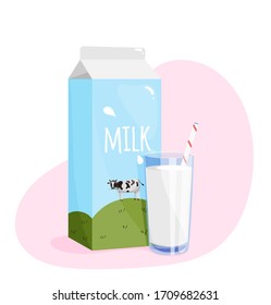 Milk in a carton pack and a glass of milkshake. Vector illustration. Web icon and dairy product design