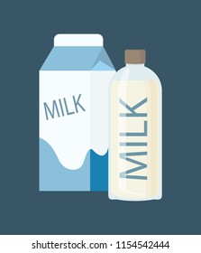 Milk carton package and glass bottle with poured dairy product. Calcium and vitamins containing in fresh drink bottled. Organic production vector