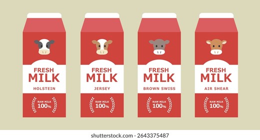 Milk Carton Package Set with Different Cow Breeds - Red Label Flat Vector Design