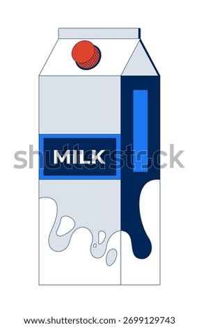 Milk carton package with splash design 2D cartoon object. Dairy product packaging, branding. Healthy drink. Grocery item. Beverage box isolated element flat vector clip art on white. Spot illustration