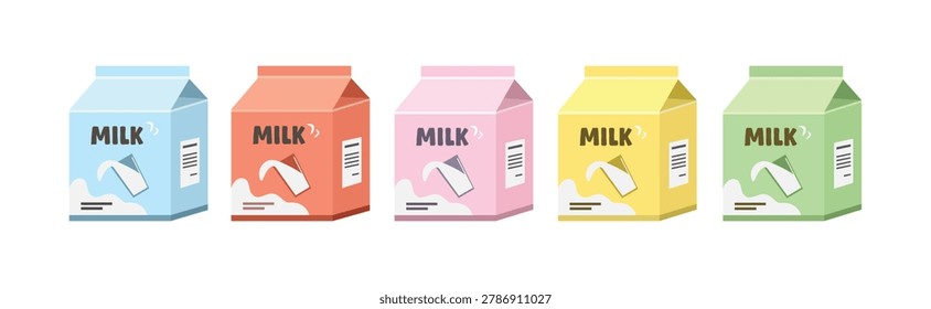 Milk Carton Packaging Set. Milk Packaging with different flavor. Milk clip art. Collection of Packaging Dairy Milk. 