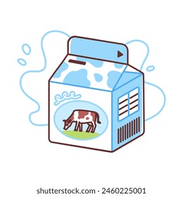 Milk carton with a picture of a grazing cow on it. Vector illustration of a healthy dairy drink in cute packaging. Trendy flat style. Isolated elements on white background.