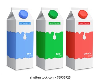 Milk carton with screw cap. Collection of milk boxes