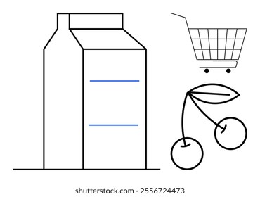 Milk carton shopping cart and cherries in simple line art. Ideal for grocery shopping healthy eating food and beverage supermarket and minimalist designs. Clean lines practical uses simplicity