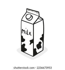 Milk carton vector hand drawn icon. Dairy product packaging on white background in doodle style.