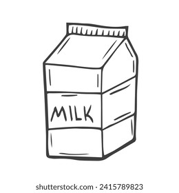 Milk carton vector hand drawn icon. Dairy product packaging on white background in doodle style.