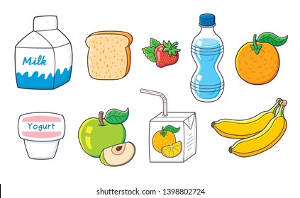 Milk carton, water bottle, bread slice or toast, yogurt cup, strawberry, orange fruit and juice box, green apple, bananas. Vegetarian food set.