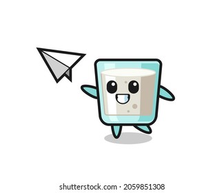 milk cartoon character throwing paper airplane , cute style design for t shirt, sticker, logo element