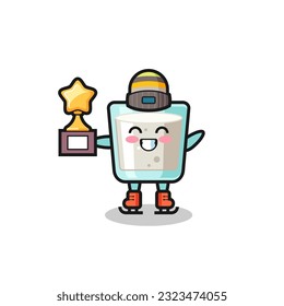 milk cartoon as an ice skating player hold winner trophy , cute style design for t shirt, sticker, logo element