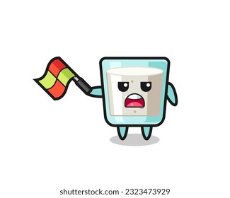 milk cartoon as the line judge hold the flag up at a 45 degree angle , cute style design for t shirt, sticker, logo element