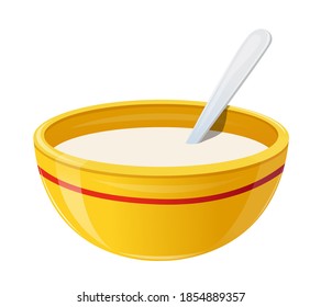 Milk in Ceramic Bowl, Breakfast Concept. Realistic Yellow Soup Plate with Red Stripe and Spoon Full of White Liquid. Healthy Food, Dairy Drink Isolated on White Background. 3d Vector Illustration