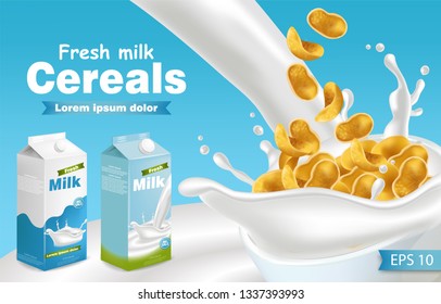 Milk and cereals Vector realistic with splash. Product placement mock up. Label design. Splash milk backgrounds