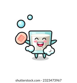 milk character is bathing while holding soap , cute style design for t shirt, sticker, logo element