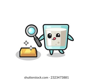 milk character is checking the authenticity of the gold bullion , cute style design for t shirt, sticker, logo element