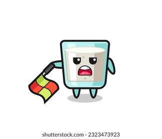 milk character as line judge hold the flag down at a 45 degree angle , cute style design for t shirt, sticker, logo element