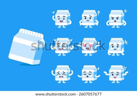 Milk character poses and emotions set, food mascot, healthy eating and farming. Tetra Pak paper with milk in cartoon kawaii style