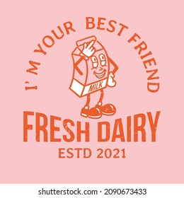 milk character vintage logo with slogan and grunge on pink background