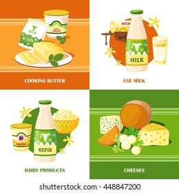 Milk and cheese 2x2 design concept set of dairy products with kefir and milk bottles cooking butter yogurt curd flat vector illustration