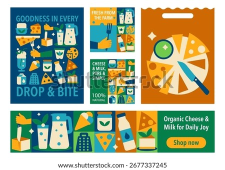 Milk and Cheese Branding Design Kit. Geometric Food Posters, Banners, Labels and Packaging Templates