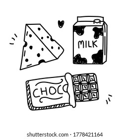 Milk, cheese and chocolate vector draw in doodle style isolated on white background 