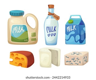 Leche y queso paquete lácteo icono de dibujos animados. Beber botella y galón recipiente con calcio para el desayuno. Colección de envases de leche orgánica fresca con ingrediente saludable aislado en el fondo