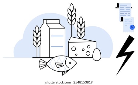 Leite, queijo, peixe, ovo e grãos com documento e raio. Ideal para nutrição, segurança alimentar, energia, alimentação saudável, certificações. Linhas simples e tons de azul pastel transmitem uma