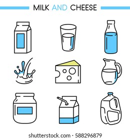 Symbol-Set für Milch und Käse, Vektorgrafik. Umfasst: Packung, Krug, Flasche und Glas Milch, splash, Käse für Web, mobile App, Logo, Infografiken. Linien ohne Erweiterung